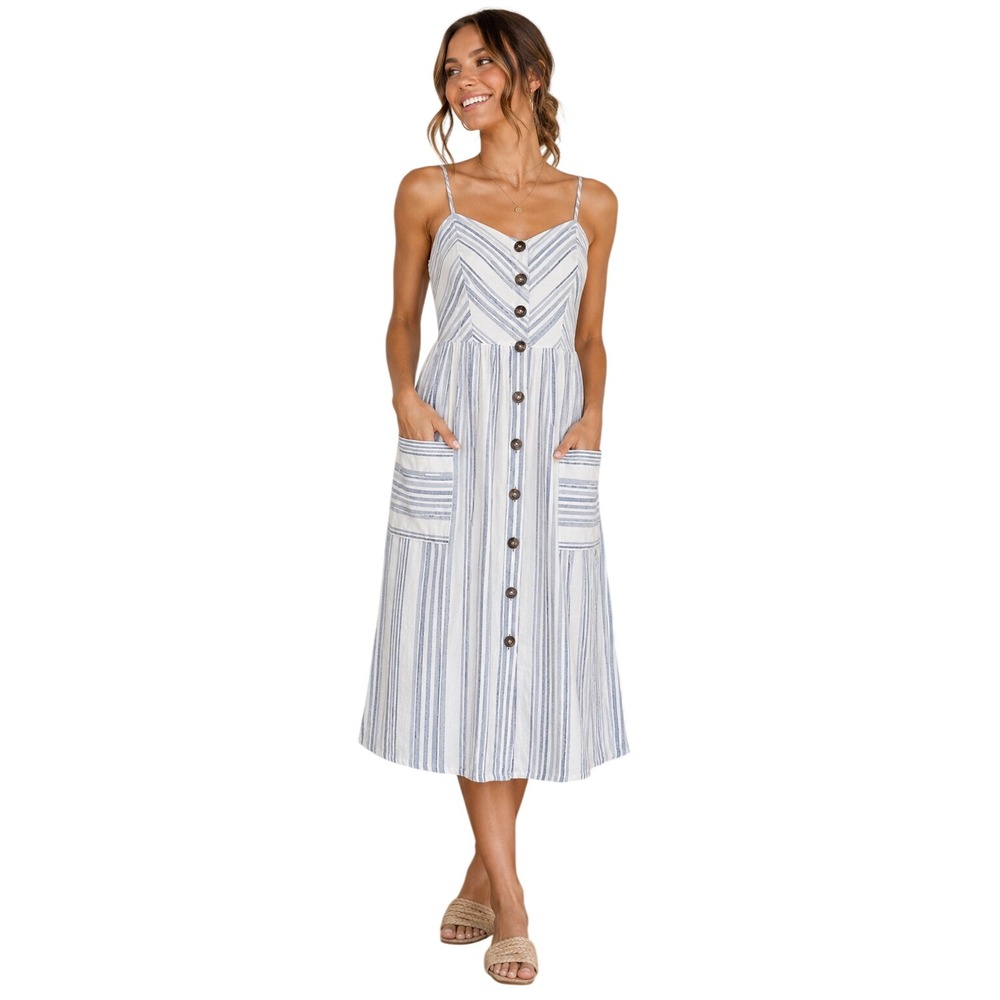 Coastal Breeze Striped Button-Front‎ Midi Dress Womens XS Pockets Smocked Back